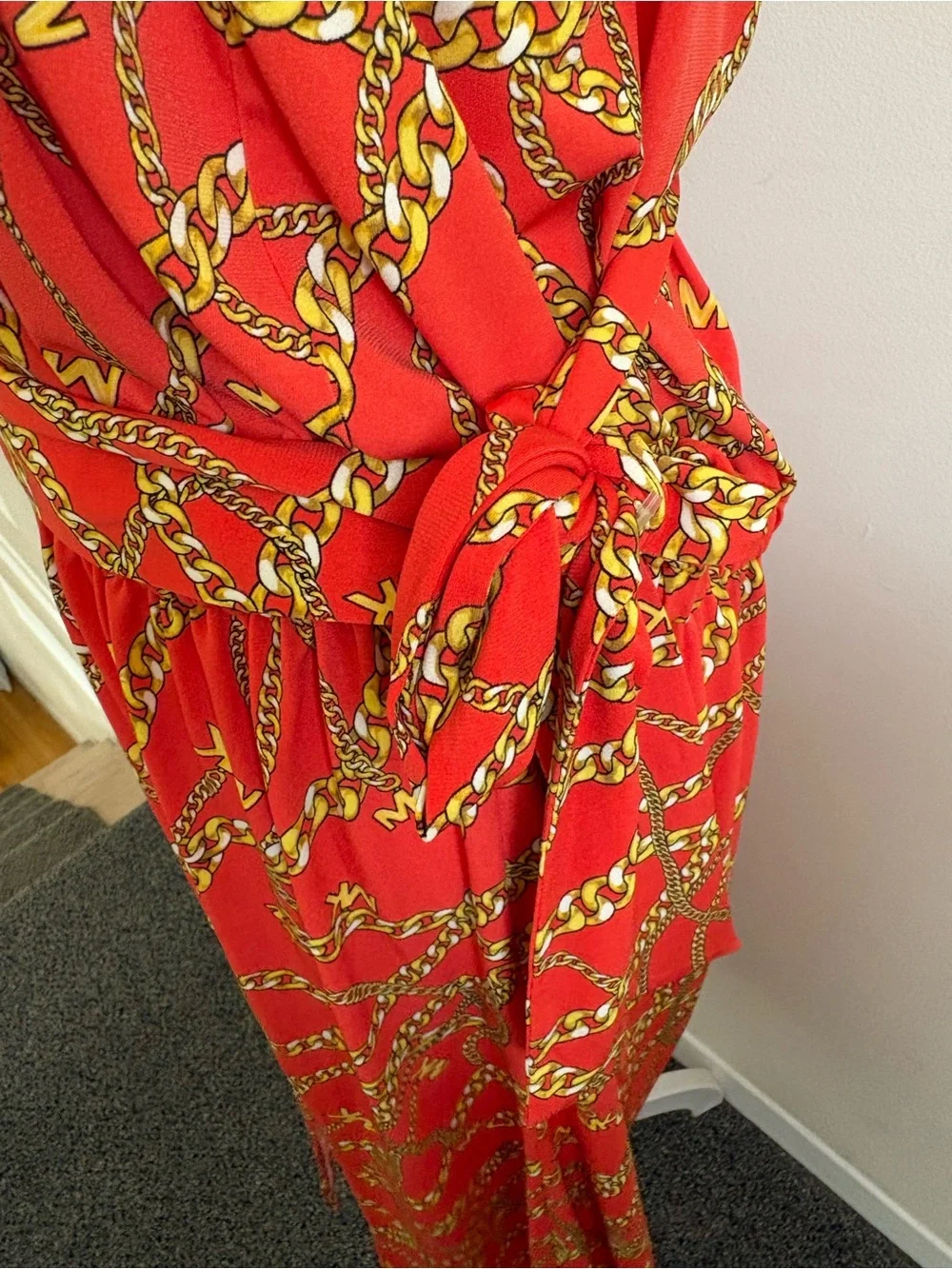 New 1X Michael Kors Orange Gold Chain Logo Midi Dress